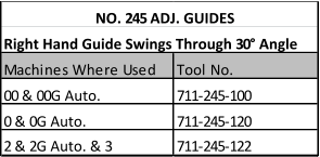 NO. 245 ADJ. GUIDES Right Hand Guide Swings Through 30 Angle Machines Where Used Tool No. 00 & 00G Auto. 711-245-100 0 & 0G Auto. 711-245-120 2 & 2G Auto. & 3 711-245-122