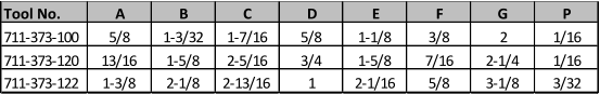 Tool No. A B C D E F G P 711-373-100 5/8 1-3/32 1-7/16 5/8 1-1/8 3/8 2 1/16 711-373-120 13/16 1-5/8 2-5/16 3/4 1-5/8 7/16 2-1/4 1/16 711-373-122 1-3/8 2-1/8 2-13/16 1 2-1/16 5/8 3-1/8 3/32