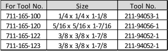 For Tool No. Size Tool No. 711-165-100 1/4 x 1/4 x 1-1/8 211-94053-1 711-165-120 5/16 x 5/16 x 1-7/16 211-94056-1 711-165-122 3/8 x 3/8 x 1-7/8 211-94052-1 711-165-123 3/8 x 3/8 x 1-7/8 211-94052-1