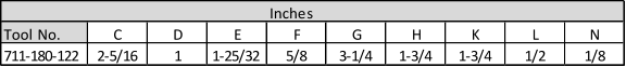 Inches Tool No. C D E F G H K L N 711-180-122 2-5/16 1 1-25/32 5/8 3-1/4 1-3/4 1-3/4 1/2 1/8