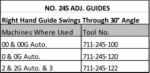 NO. 245 ADJ. GUIDES Right Hand Guide Swings Through 30 Angle Machines Where Used Tool No. 00 & 00G Auto. 711-245-100 0 & 0G Auto. 711-245-120 2 & 2G Auto. & 3 711-245-122