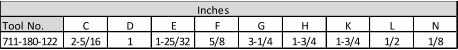 Inches Tool No. C D E F G H K L N 711-180-122 2-5/16 1 1-25/32 5/8 3-1/4 1-3/4 1-3/4 1/2 1/8