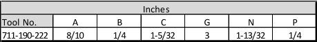 Inches Tool No. A B C G N P 711-190-222 8/10 1/4 1-5/32 3 1-13/32 1/4